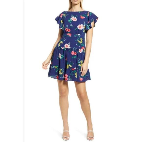 Eliza J Floral Print Flutter Sleeve Mini A Line dress Size 14 Blue Airy NWT - Picture 1 of 14